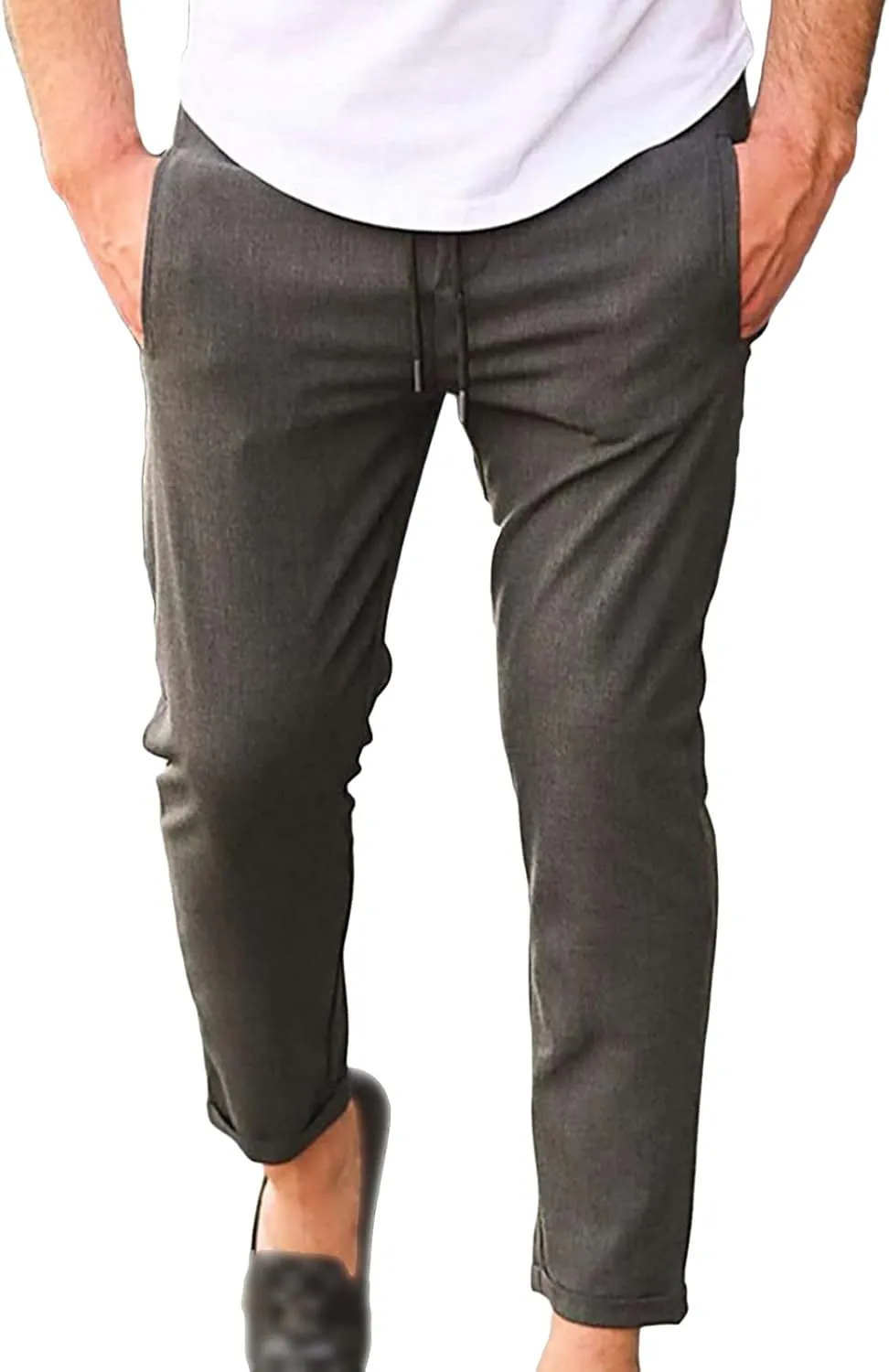 Maiyifu-GJ Men's Elastic Waist Dress Pants Drawstring Loose Bussiness Chino Pant Solid Flat Front Soft Tapered Trousers
