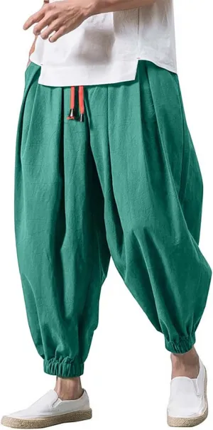Men Casual Baggy Joggers Sweatpants, Elastic Drawstring Tapered Hippie Harem Pants, Solid Color Loose Fit Pants