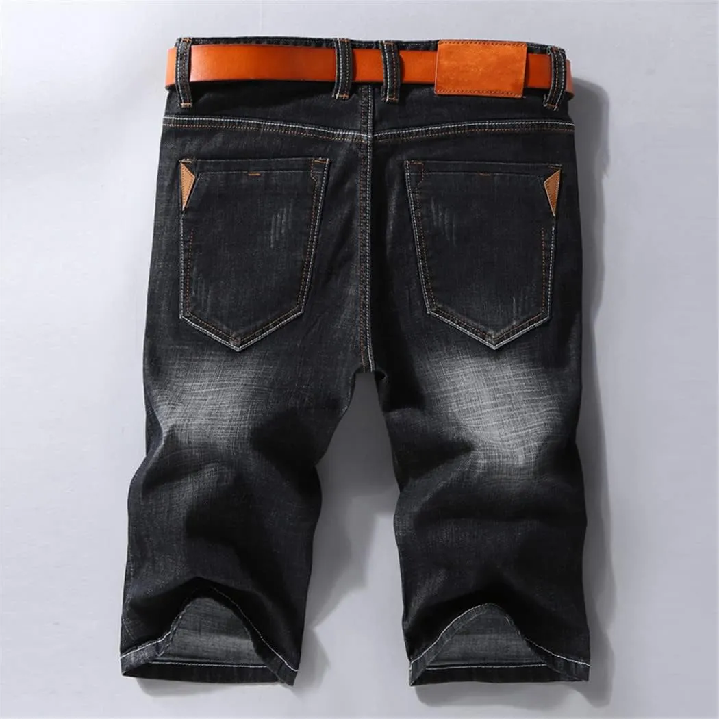Men Denim Shorts Summer Thin Section Elastic Force Slim Fit Short Jeans Black Blue