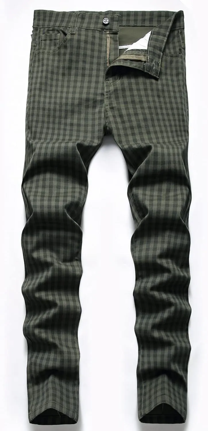 Men Linen Pants Fashion Casual Plaid Printed Straight Legs Slim Fit Buckle Zipper Suit Pants Classic Work Trouser