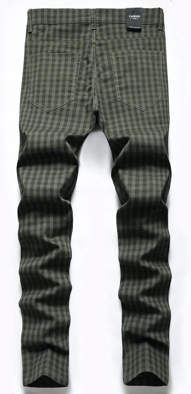 Men Linen Pants Fashion Casual Plaid Printed Straight Legs Slim Fit Buckle Zipper Suit Pants Classic Work Trouser