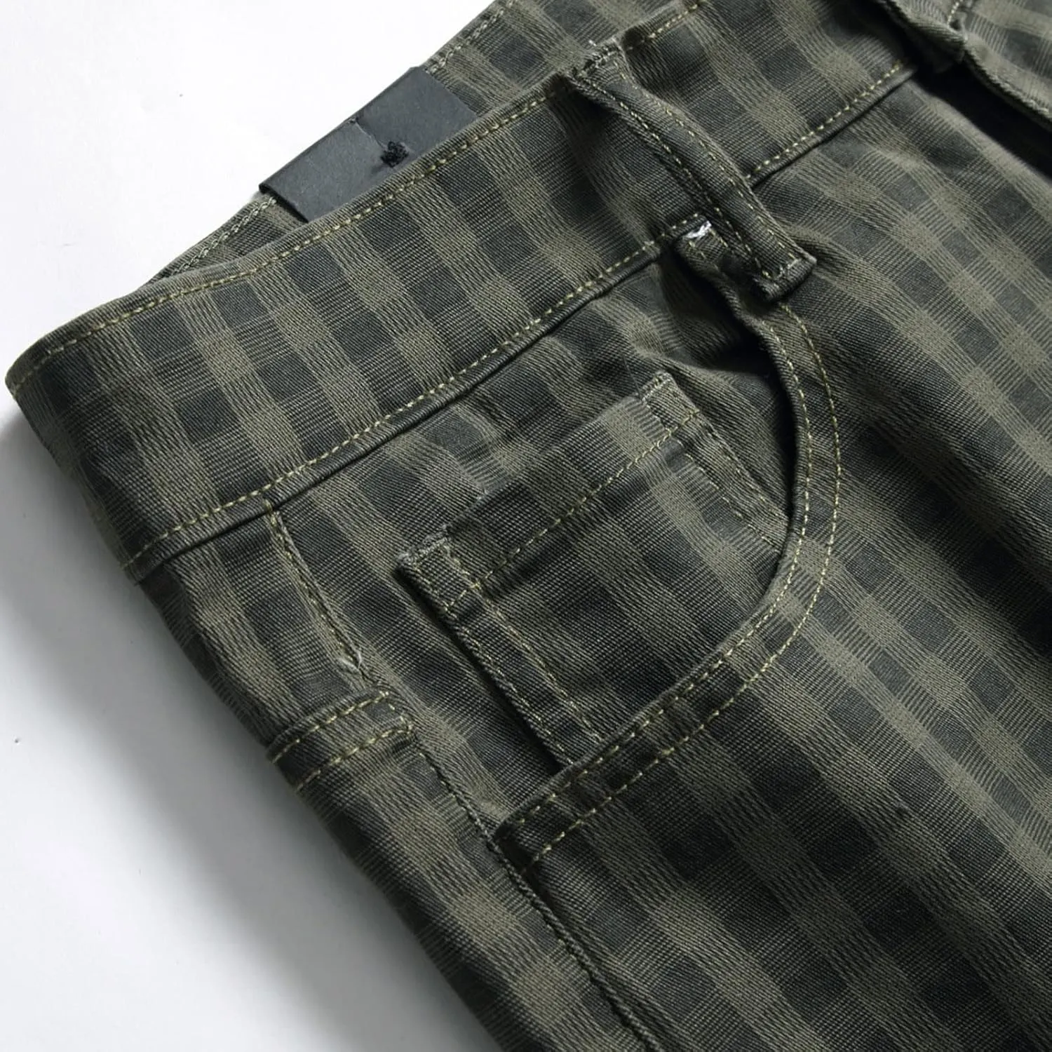 Men Linen Pants Fashion Casual Plaid Printed Straight Legs Slim Fit Buckle Zipper Suit Pants Classic Work Trouser