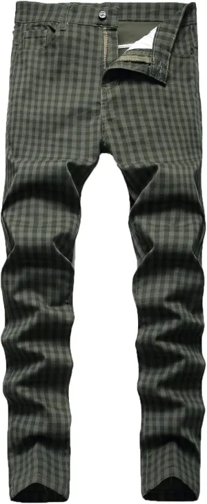 Men Linen Pants Fashion Casual Plaid Printed Straight Legs Slim Fit Buckle Zipper Suit Pants Classic Work Trouser