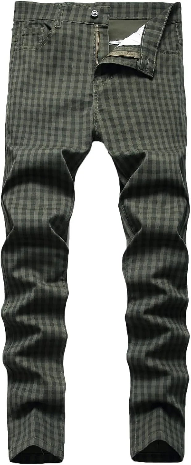 Men Linen Pants Fashion Casual Plaid Printed Straight Legs Slim Fit Buckle Zipper Suit Pants Classic Work Trouser