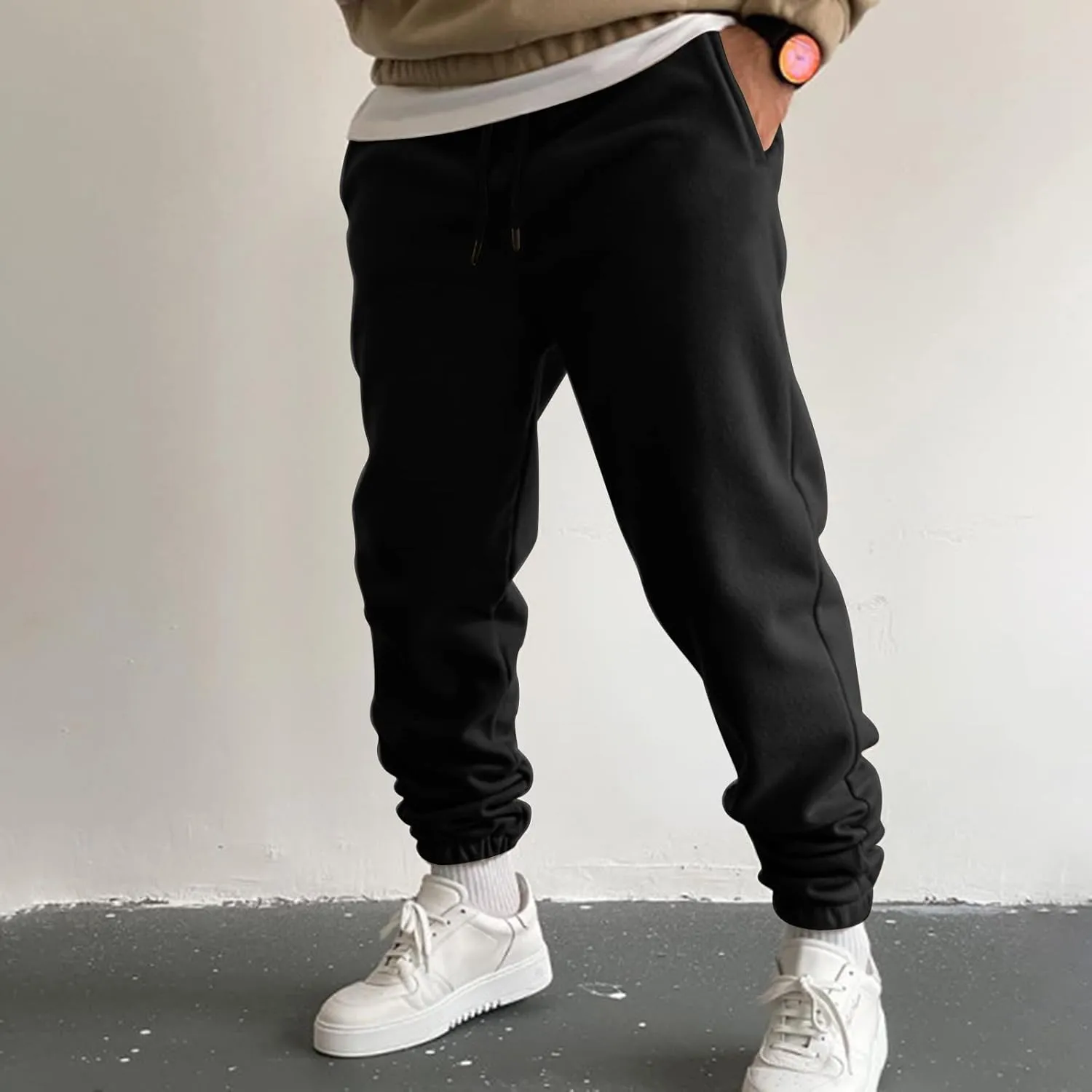 Mens Autumn and Winter High Street Fashion Leisure Pants Loose Fit Sports Trousers Solid Color Lace Up Joggers