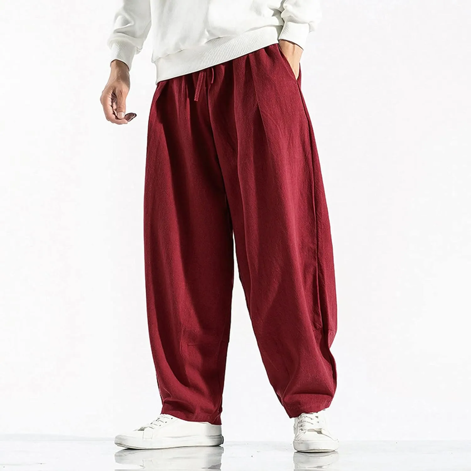 Mens Baggy Pants Drawstring Cotton Linen Wide Leg Yoga Pants Solid Color Baggy Pants