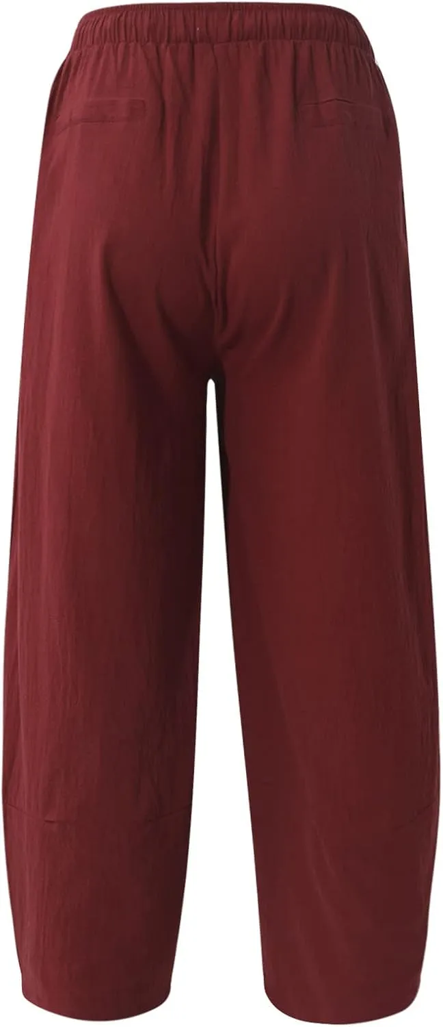 Mens Baggy Pants Drawstring Cotton Linen Wide Leg Yoga Pants Solid Color Baggy Pants