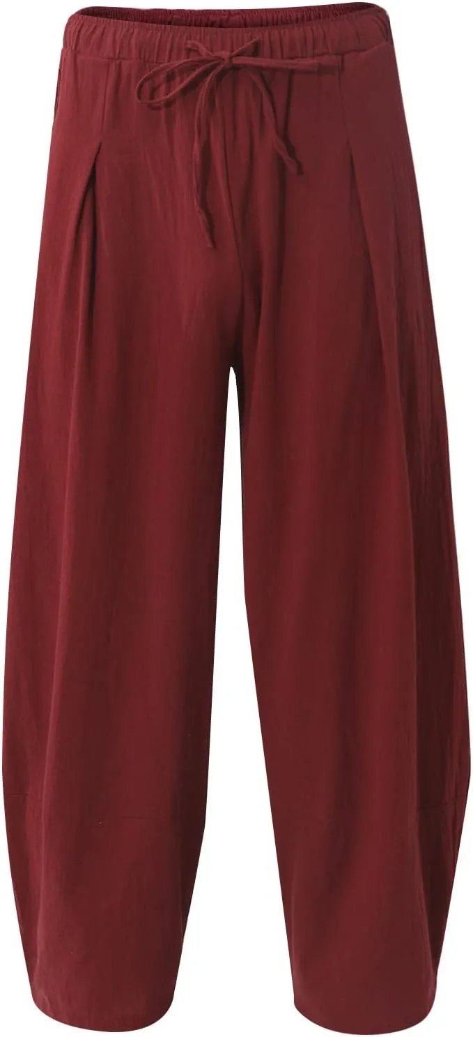 Mens Baggy Pants Drawstring Cotton Linen Wide Leg Yoga Pants Solid Color Baggy Pants