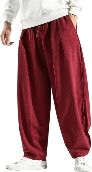 Mens Baggy Pants Drawstring Cotton Linen Wide Leg Yoga Pants Solid Color Baggy Pants