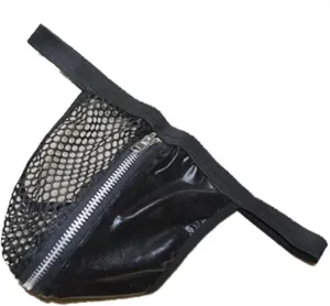 Men's Black Pu Leather G-String Fishnet Low Waist Zipper Thong T-Back Black Knickers Bikini Briefs Underpants-Default
