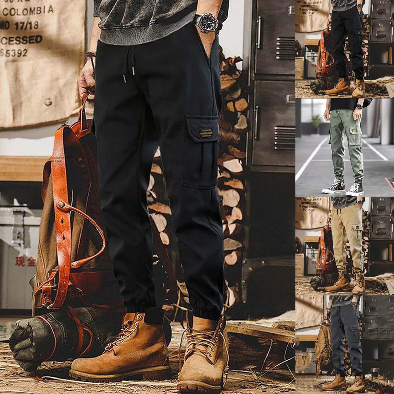 Mens Cargo Pants Jogger Hiking Elastic Waist Regular Fit Casual Straight Drawstring Lightweight Pants with Pockets