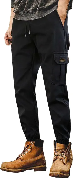 Mens Cargo Pants Jogger Hiking Elastic Waist Regular Fit Casual Straight Drawstring Lightweight Pants with Pockets