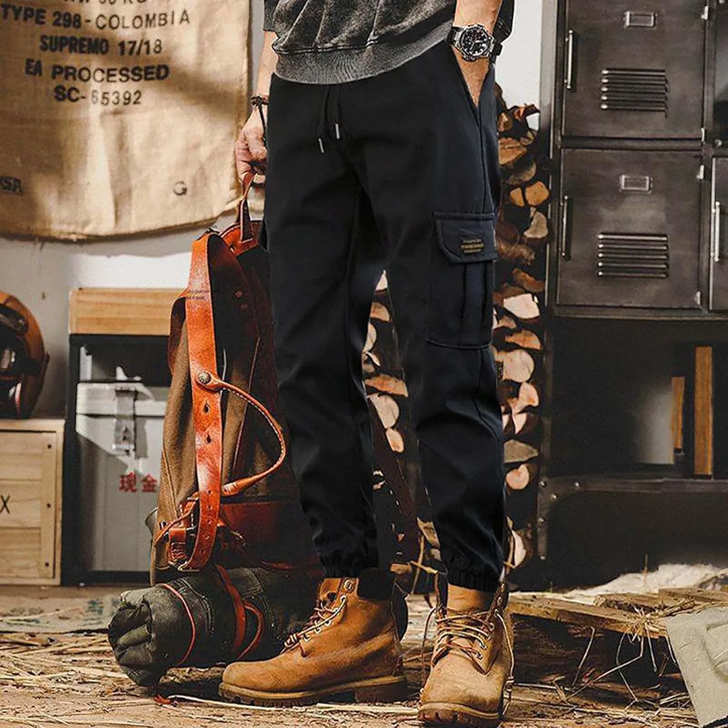Mens Cargo Pants Jogger Hiking Elastic Waist Regular Fit Casual Straight Drawstring Lightweight Pants with Pockets
