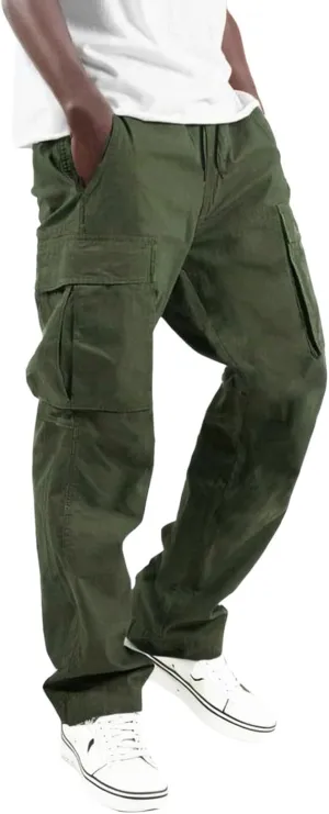 Men's Cargo Pants Slim Fit Drawstring Joggers Hiking Trousers with Multi Pockets Twill Chino Pants Sports Overalls
