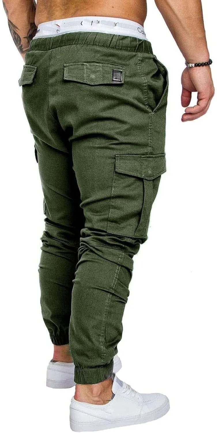 Men's Cargo Pants Solid Color Bandage Sweatpants Drawstring Elastic Waist Cargo Pants Slim Fit Casual Outdoor Trousers