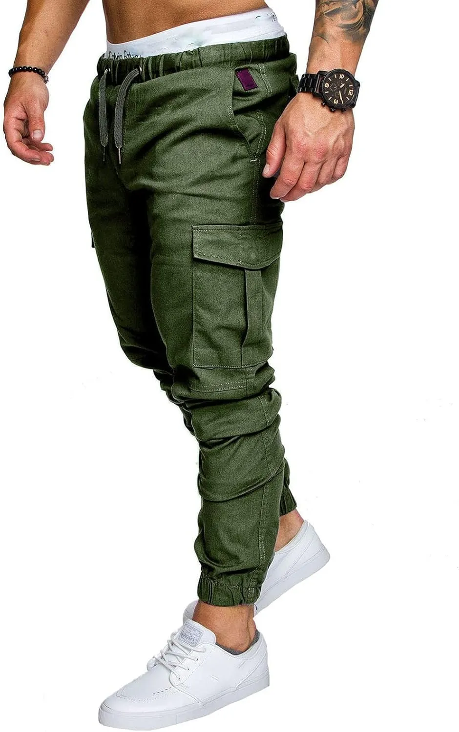 Men's Cargo Pants Solid Color Bandage Sweatpants Drawstring Elastic Waist Cargo Pants Slim Fit Casual Outdoor Trousers