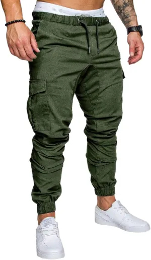 Men's Cargo Pants Solid Color Bandage Sweatpants Drawstring Elastic Waist Cargo Pants Slim Fit Casual Outdoor Trousers