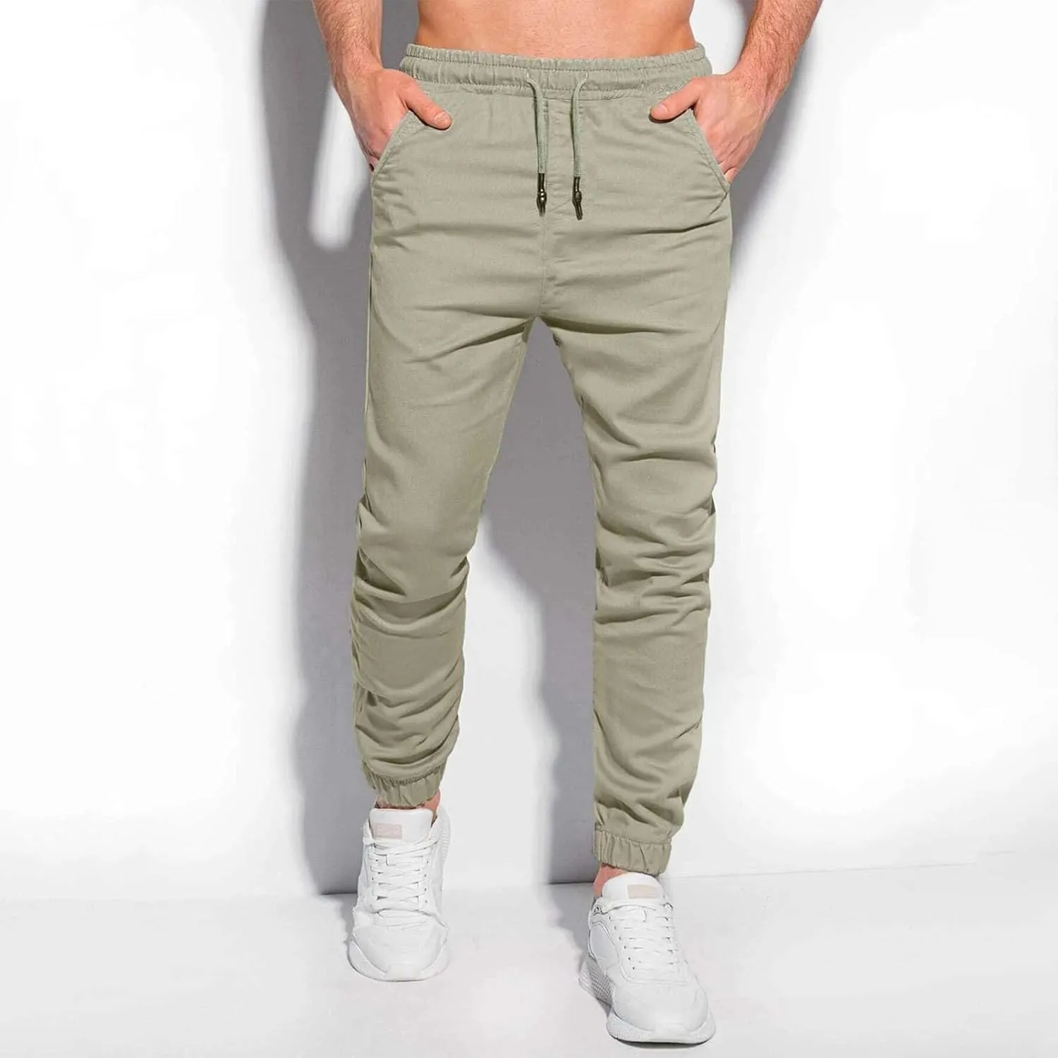 Mens Casual Chino Pants Elastic Waist Solid Color Classic Slim Fit Stretch Work Pants Fashion Sport Business Office Trousers