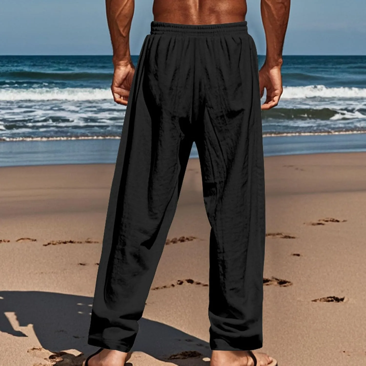 Mens Casual Linen Pants Drawstring Button Flat Front Elastic Waist Straight Summer Lightweight Comfy Beach Pants