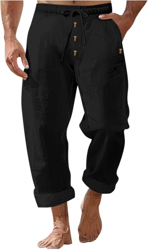 Mens Casual Linen Pants Drawstring Button Flat Front Elastic Waist Straight Summer Lightweight Comfy Beach Pants