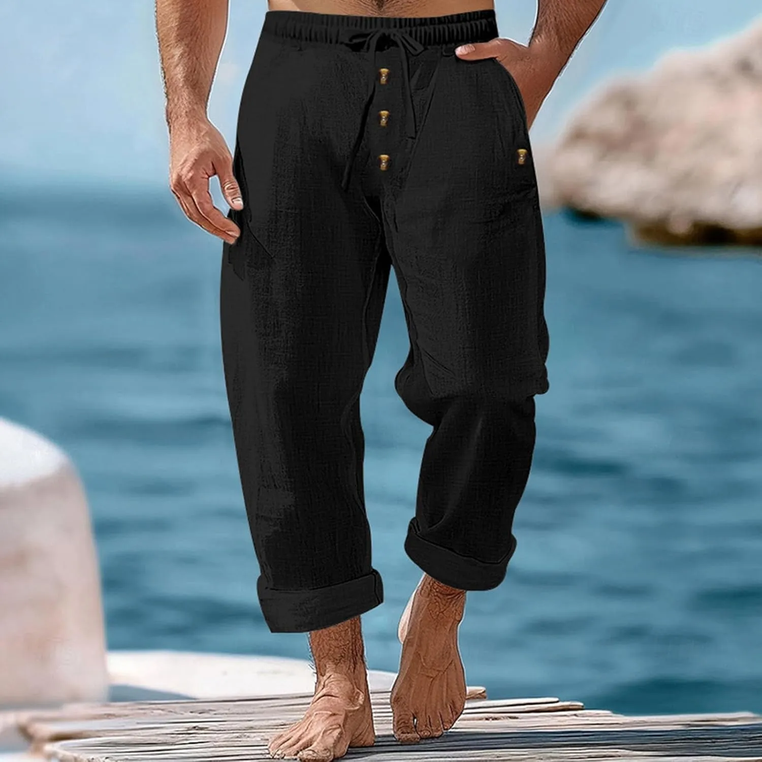 Mens Casual Linen Pants Drawstring Button Flat Front Elastic Waist Straight Summer Lightweight Comfy Beach Pants