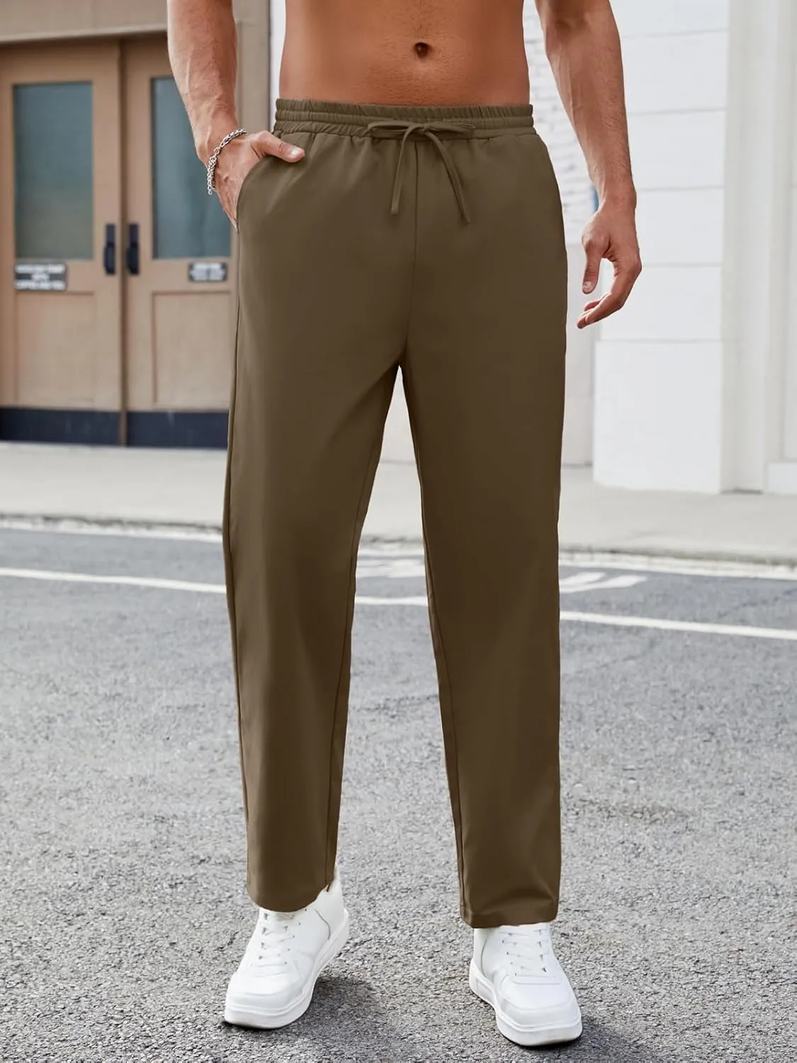 Mens Casual Pants Elastic Waist Drawstring Chinos Pants Tapered Twill Trousers with Pockets