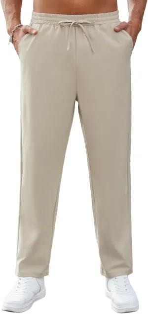 Mens Casual Pants Elastic Waist Drawstring Chinos Pants Tapered Twill Trousers with Pockets