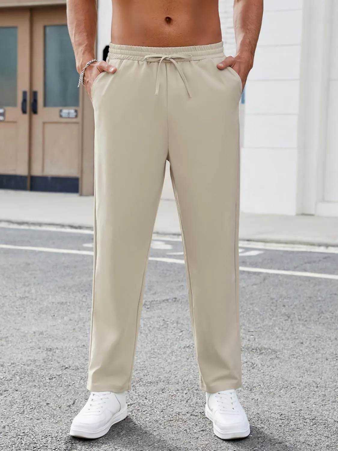 Mens Casual Pants Elastic Waist Drawstring Chinos Pants Tapered Twill Trousers with Pockets