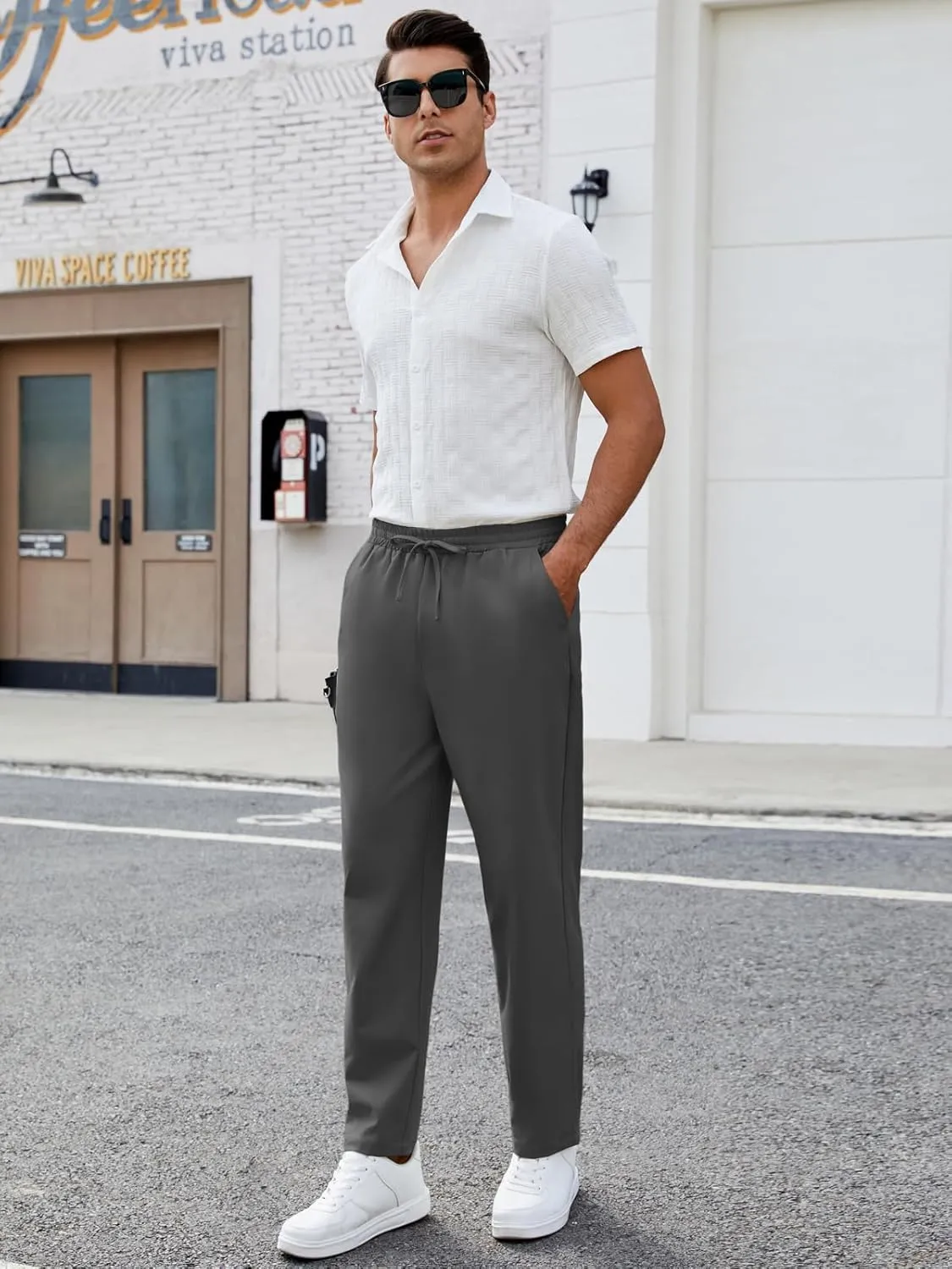 Mens Casual Pants Elastic Waist Drawstring Chinos Pants Tapered Twill Trousers with Pockets