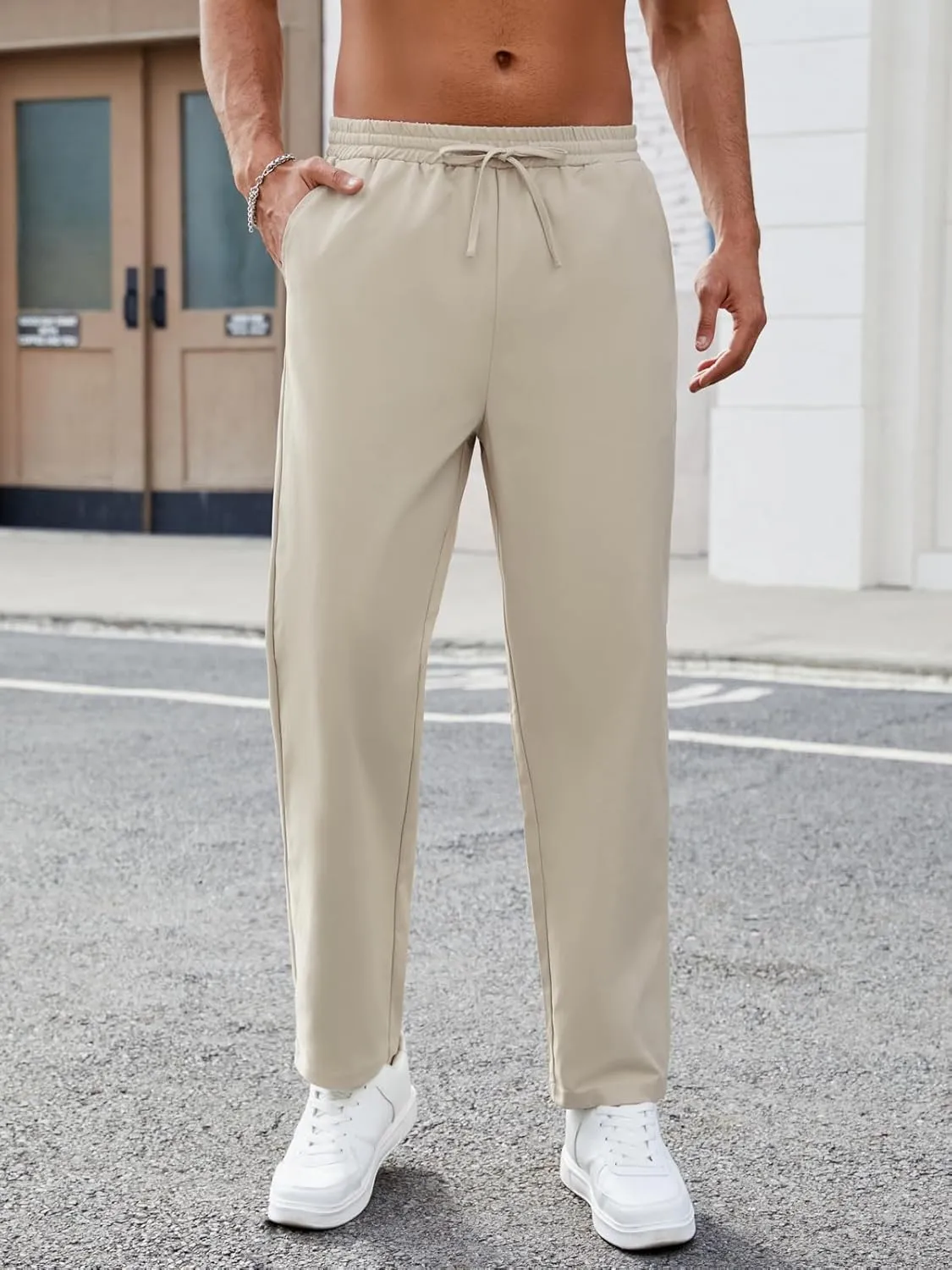 Mens Casual Pants Elastic Waist Drawstring Chinos Pants Tapered Twill Trousers with Pockets