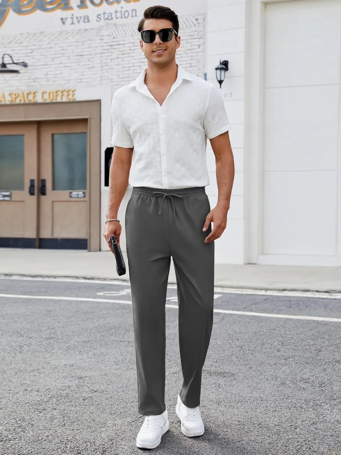 Mens Casual Pants Elastic Waist Drawstring Chinos Pants Tapered Twill Trousers with Pockets