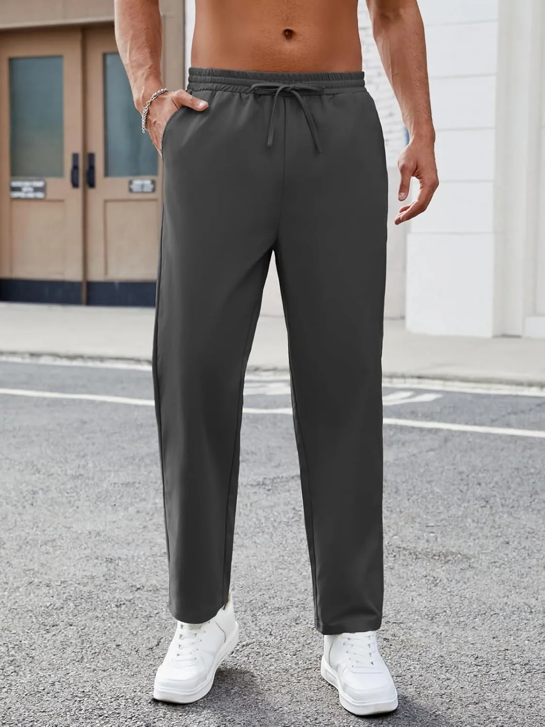 Mens Casual Pants Elastic Waist Drawstring Chinos Pants Tapered Twill Trousers with Pockets