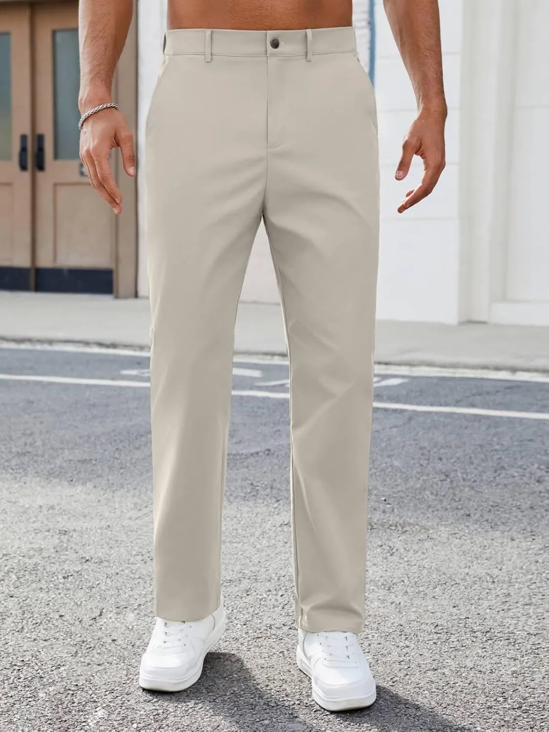 Mens Casual Pants Elastic Waist Drawstring Chinos Pants Tapered Twill Trousers with Pockets