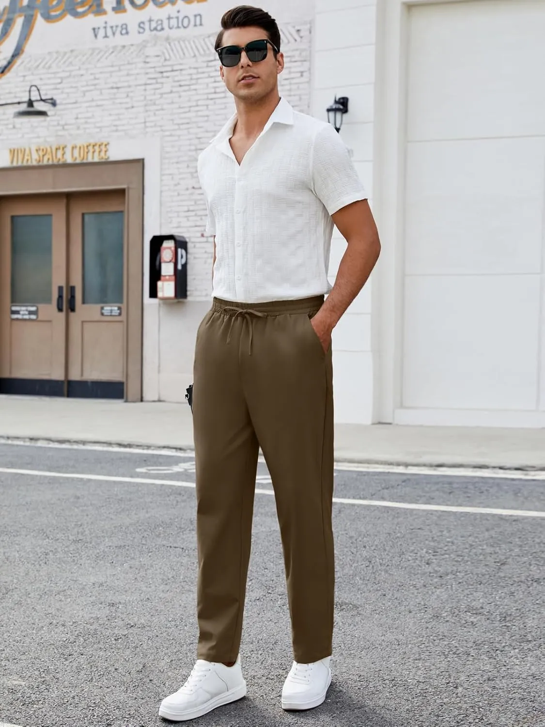 Mens Casual Pants Elastic Waist Drawstring Chinos Pants Tapered Twill Trousers with Pockets