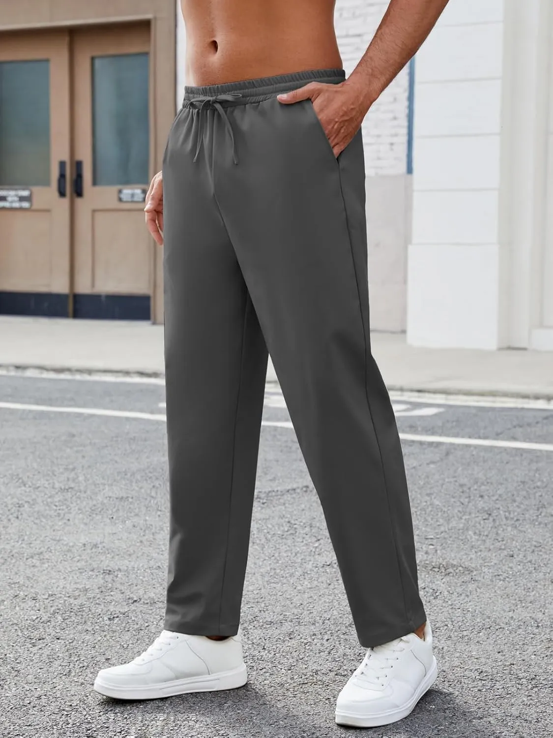 Mens Casual Pants Elastic Waist Drawstring Chinos Pants Tapered Twill Trousers with Pockets