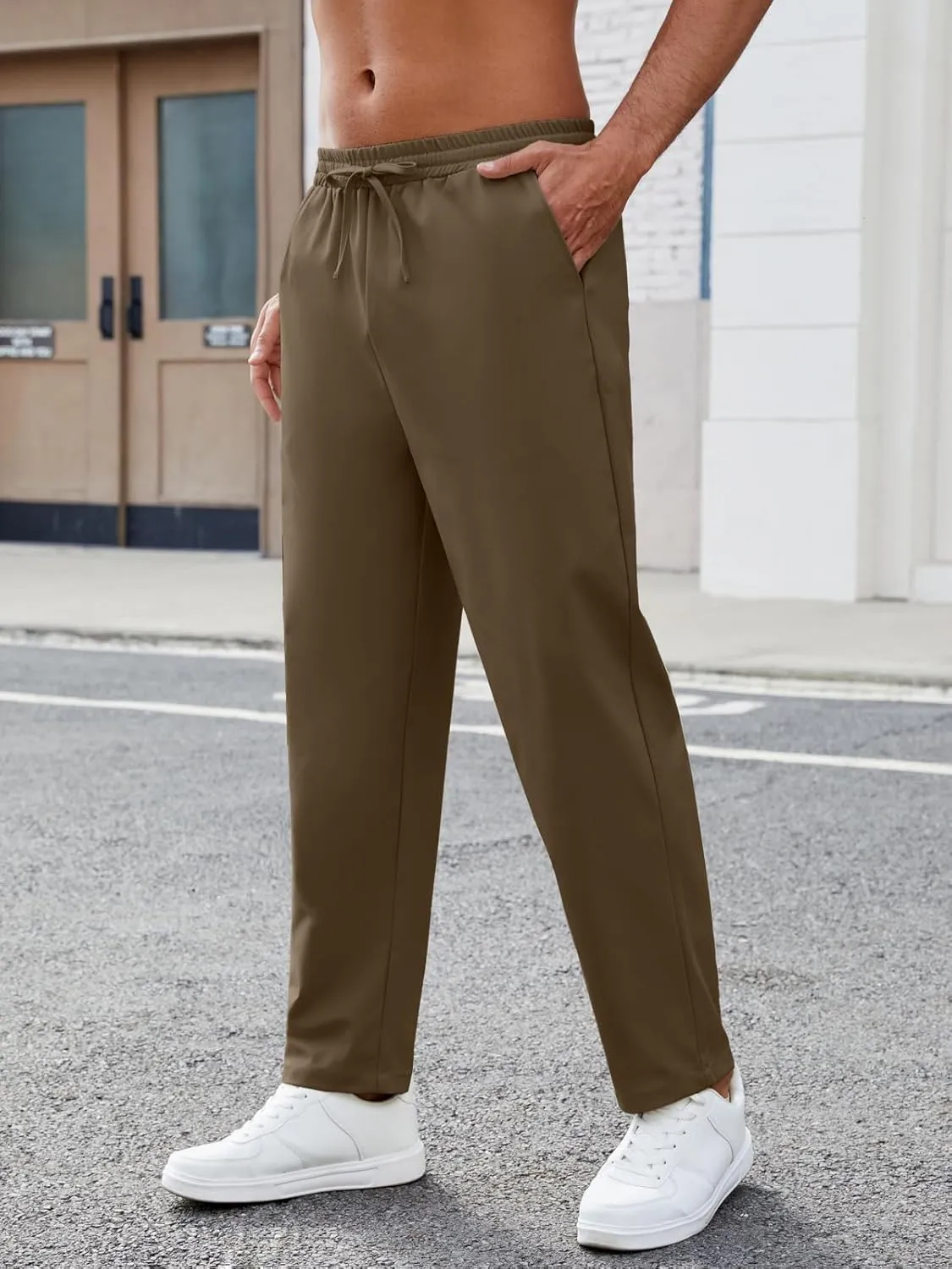 Mens Casual Pants Elastic Waist Drawstring Chinos Pants Tapered Twill Trousers with Pockets