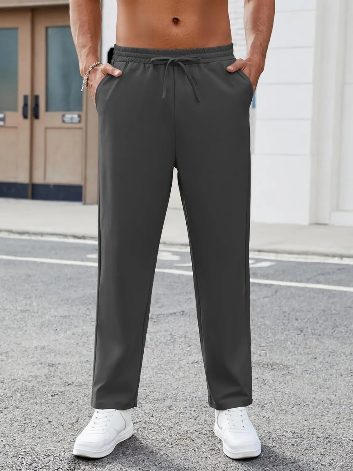 Mens Casual Pants Elastic Waist Drawstring Chinos Pants Tapered Twill Trousers with Pockets