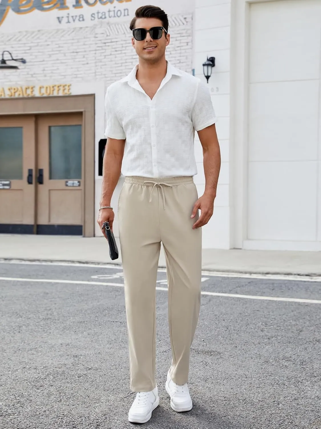 Mens Casual Pants Elastic Waist Drawstring Chinos Pants Tapered Twill Trousers with Pockets