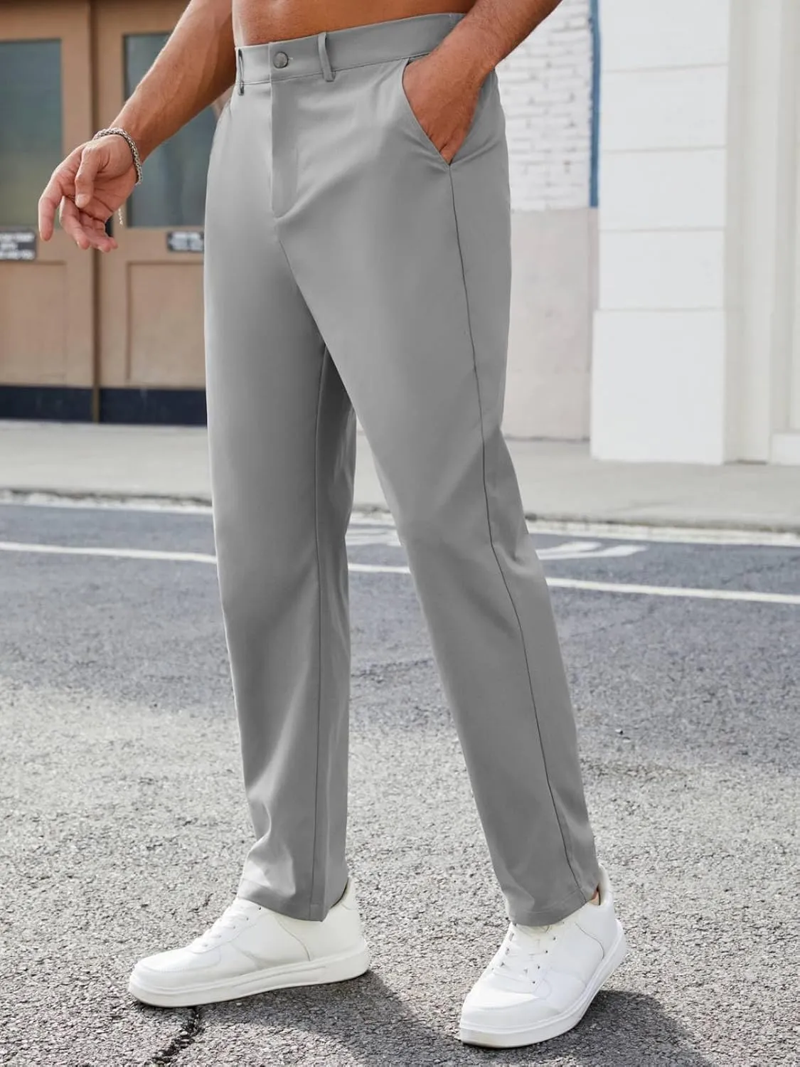 Mens Casual Pants Elastic Waist Drawstring Chinos Pants Tapered Twill Trousers with Pockets