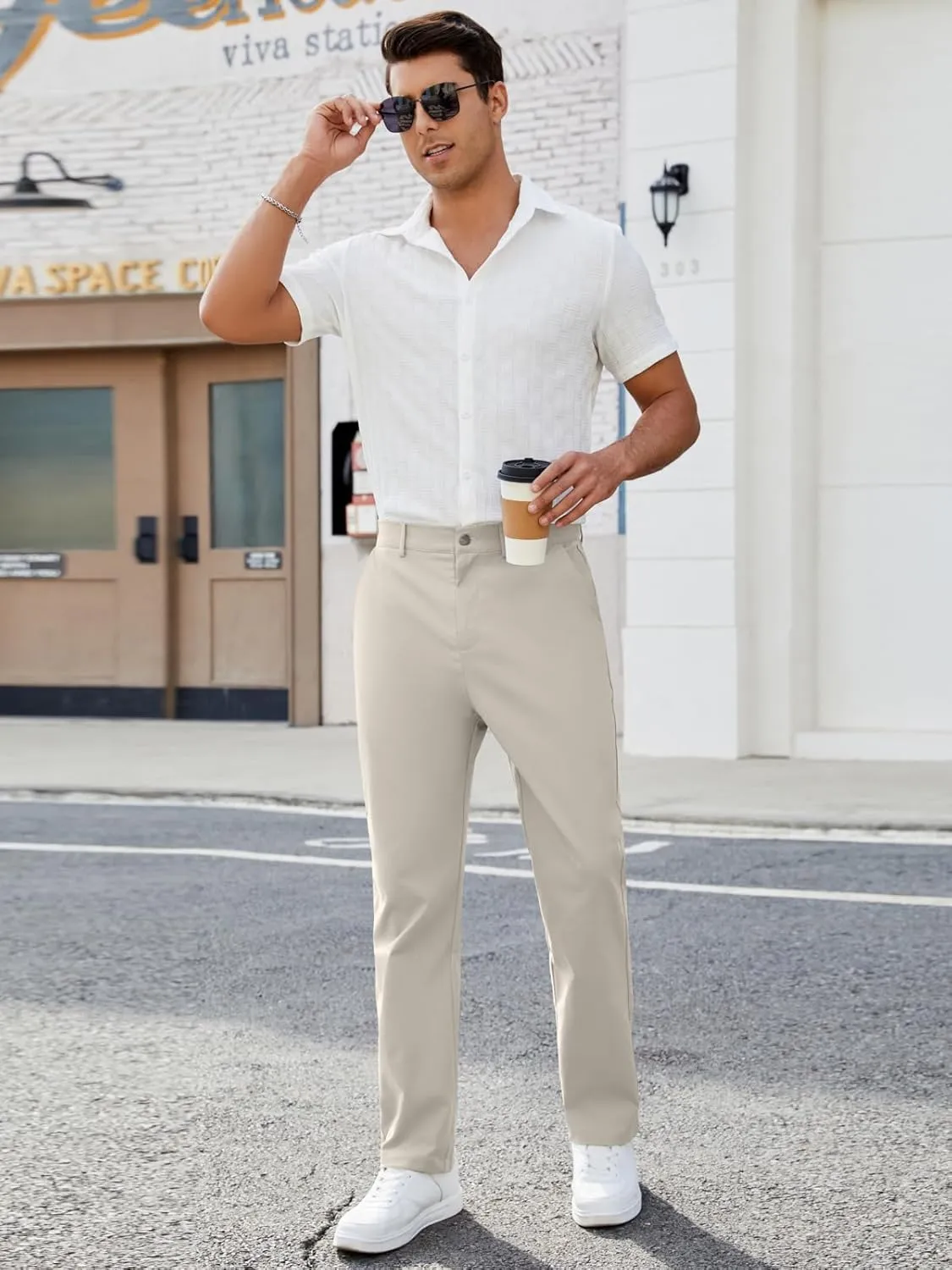 Mens Casual Pants Elastic Waist Drawstring Chinos Pants Tapered Twill Trousers with Pockets