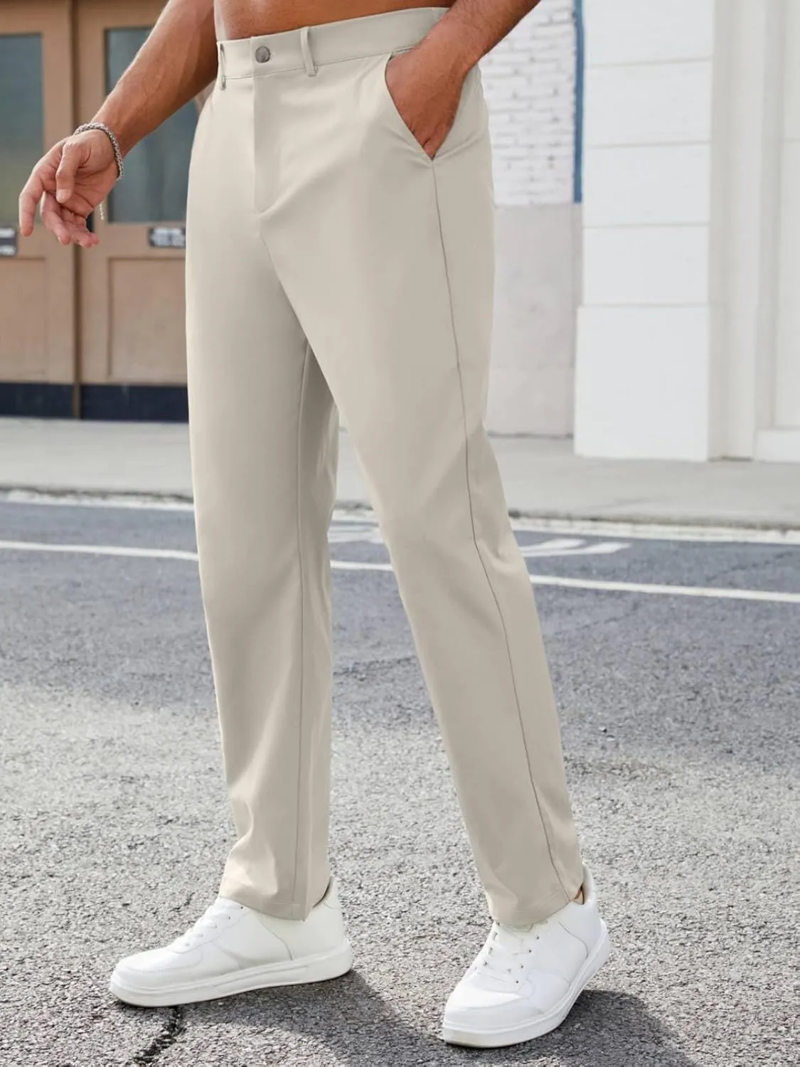 Mens Casual Pants Elastic Waist Drawstring Chinos Pants Tapered Twill Trousers with Pockets