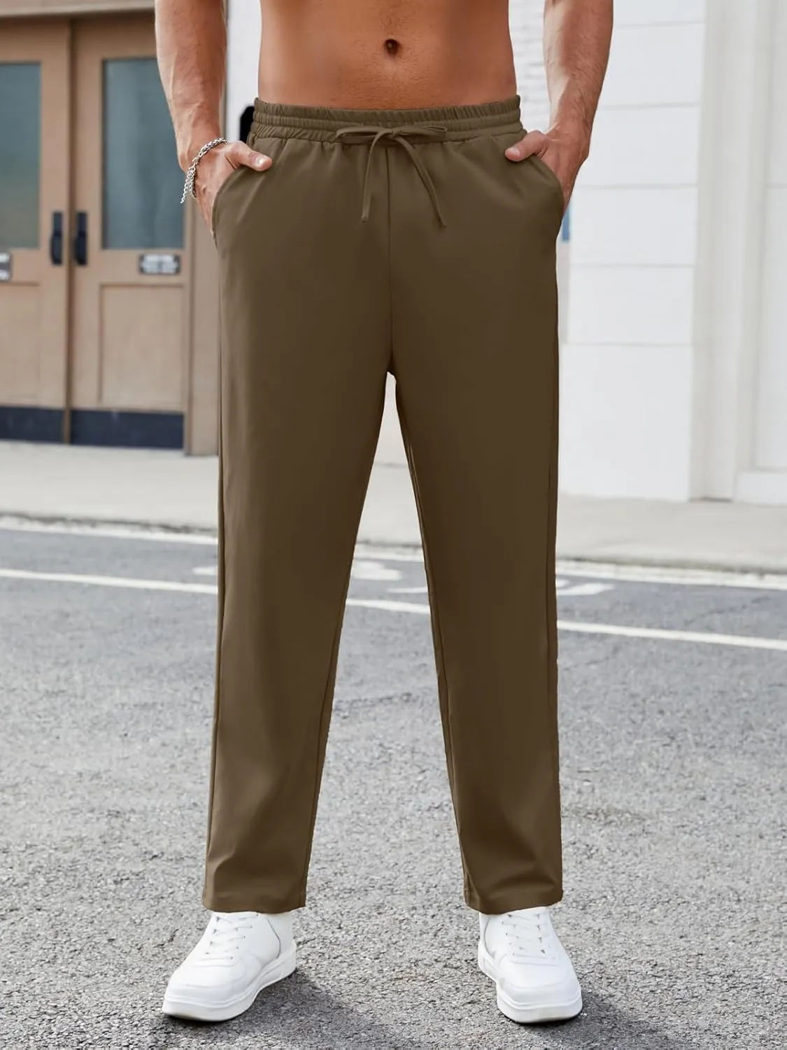 Mens Casual Pants Elastic Waist Drawstring Chinos Pants Tapered Twill Trousers with Pockets