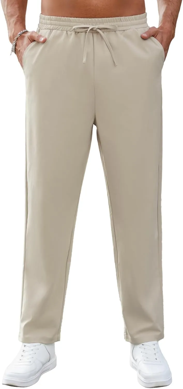 Mens Casual Pants Elastic Waist Drawstring Chinos Pants Tapered Twill Trousers with Pockets