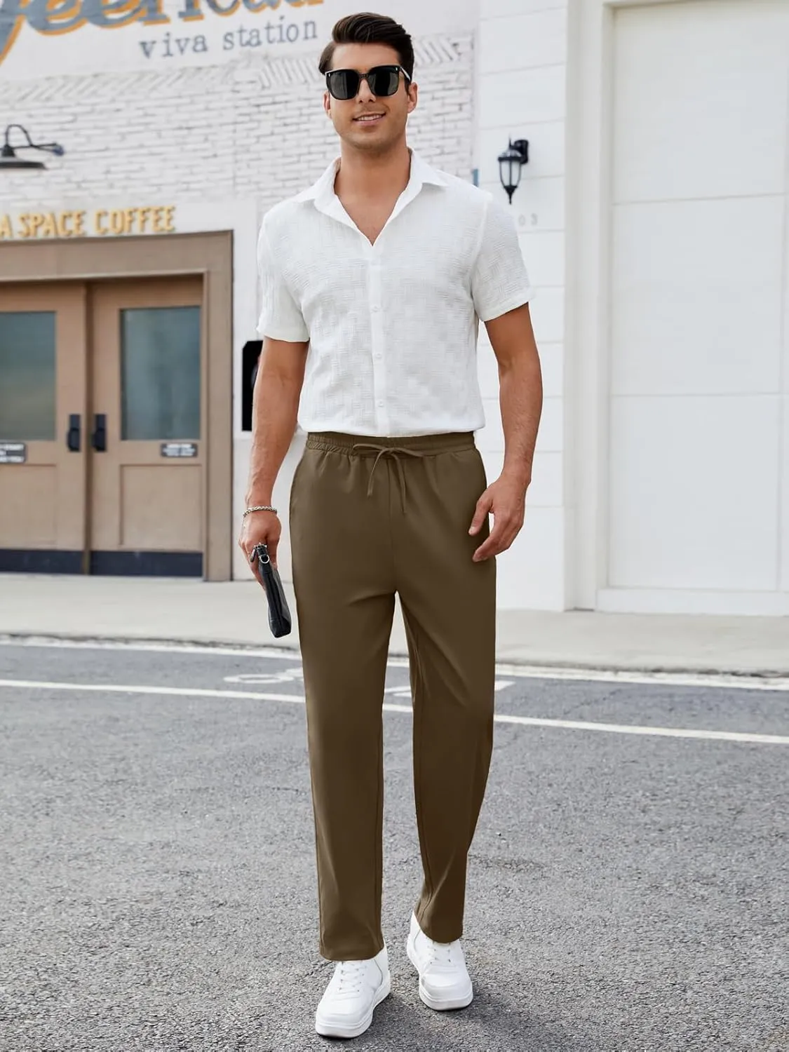 Mens Casual Pants Elastic Waist Drawstring Chinos Pants Tapered Twill Trousers with Pockets