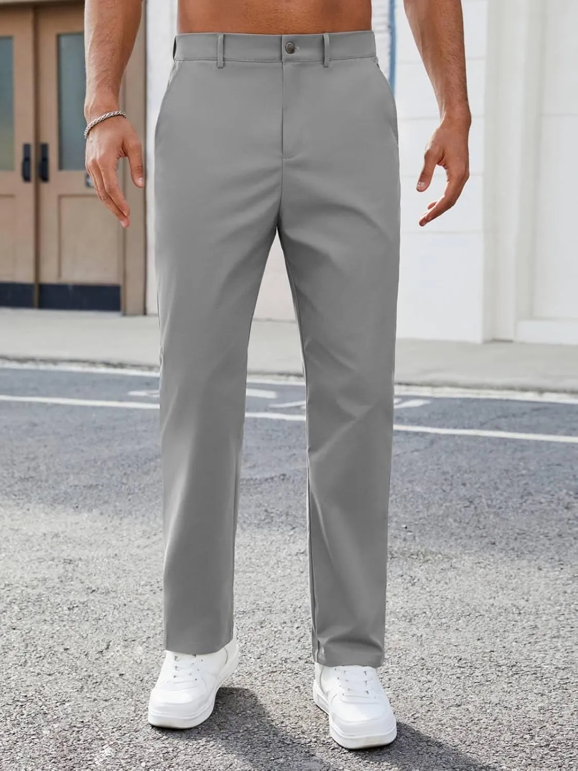 Mens Casual Pants Elastic Waist Drawstring Chinos Pants Tapered Twill Trousers with Pockets