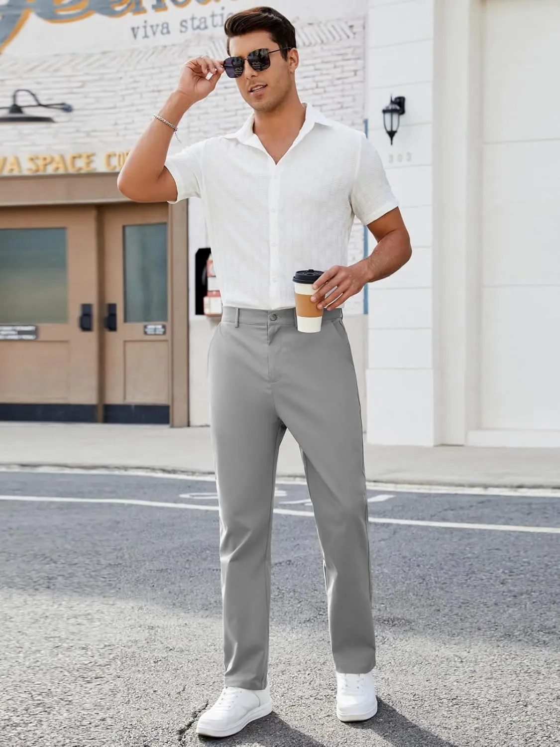 Mens Casual Pants Elastic Waist Drawstring Chinos Pants Tapered Twill Trousers with Pockets