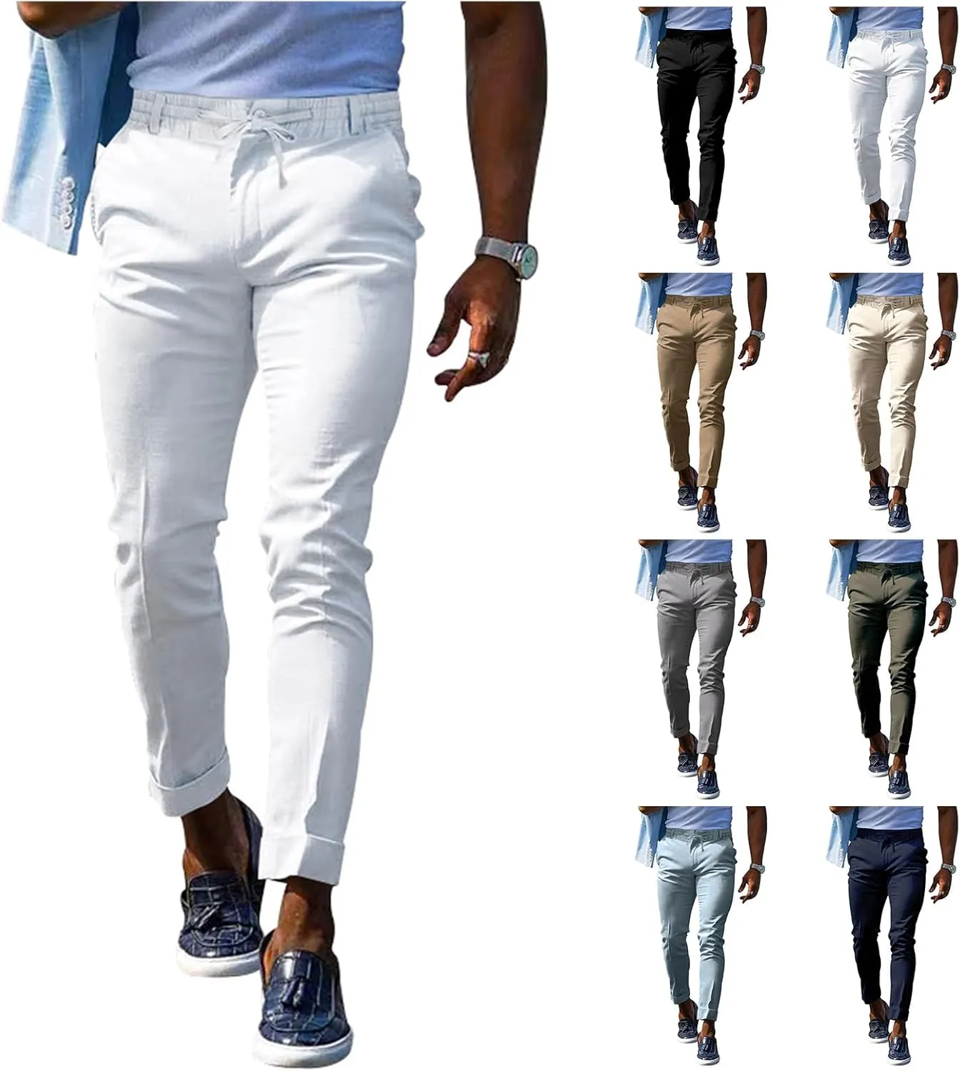 Mens Chinos Slim Fit Pants Flat Front Stretch Skinny Tapered Dress Pants Golf Pants Drawstring Comfort Casual Slacks