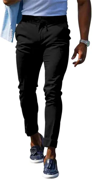 Mens Chinos Slim Fit Pants Flat Front Stretch Skinny Tapered Dress Pants Golf Pants Drawstring Comfort Casual Slacks