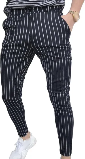 Mens Chinos Slim Fit Stretch Pants Flat-Front Skinny Dress Pants Grey Plaid Stylish Casual Business Pants