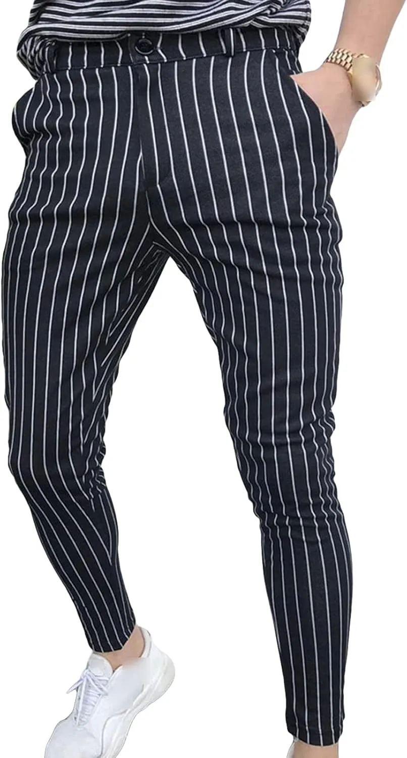 Mens Chinos Slim Fit Stretch Pants Flat-Front Skinny Dress Pants Grey Plaid Stylish Casual Business Pants